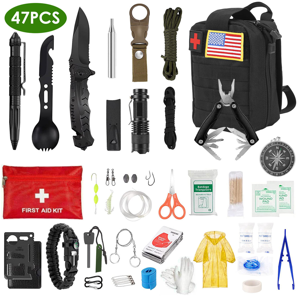 47-Pc Emergency Survival & First Aid Kit with Pouch - Multicolor